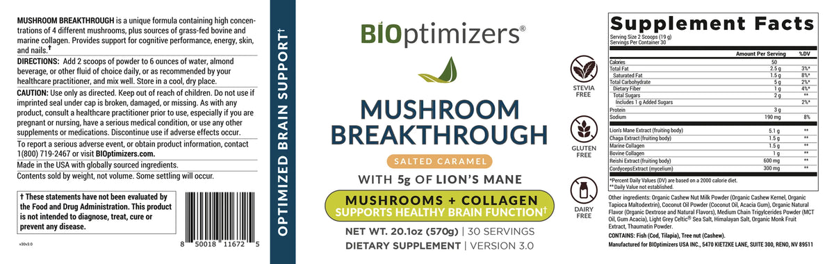 Supplement Facts for BiOptimizers Mushroom Breakthrough Salted Caramel