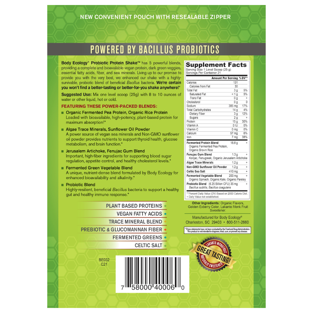 Supplement Facts for Body Ecology Probiotic Protein Shake