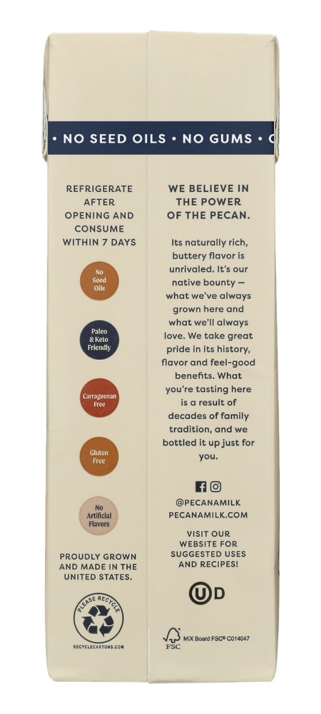 Nutrition Facts for Pecana Organic Unsweetened Vanilla Pecan Milk