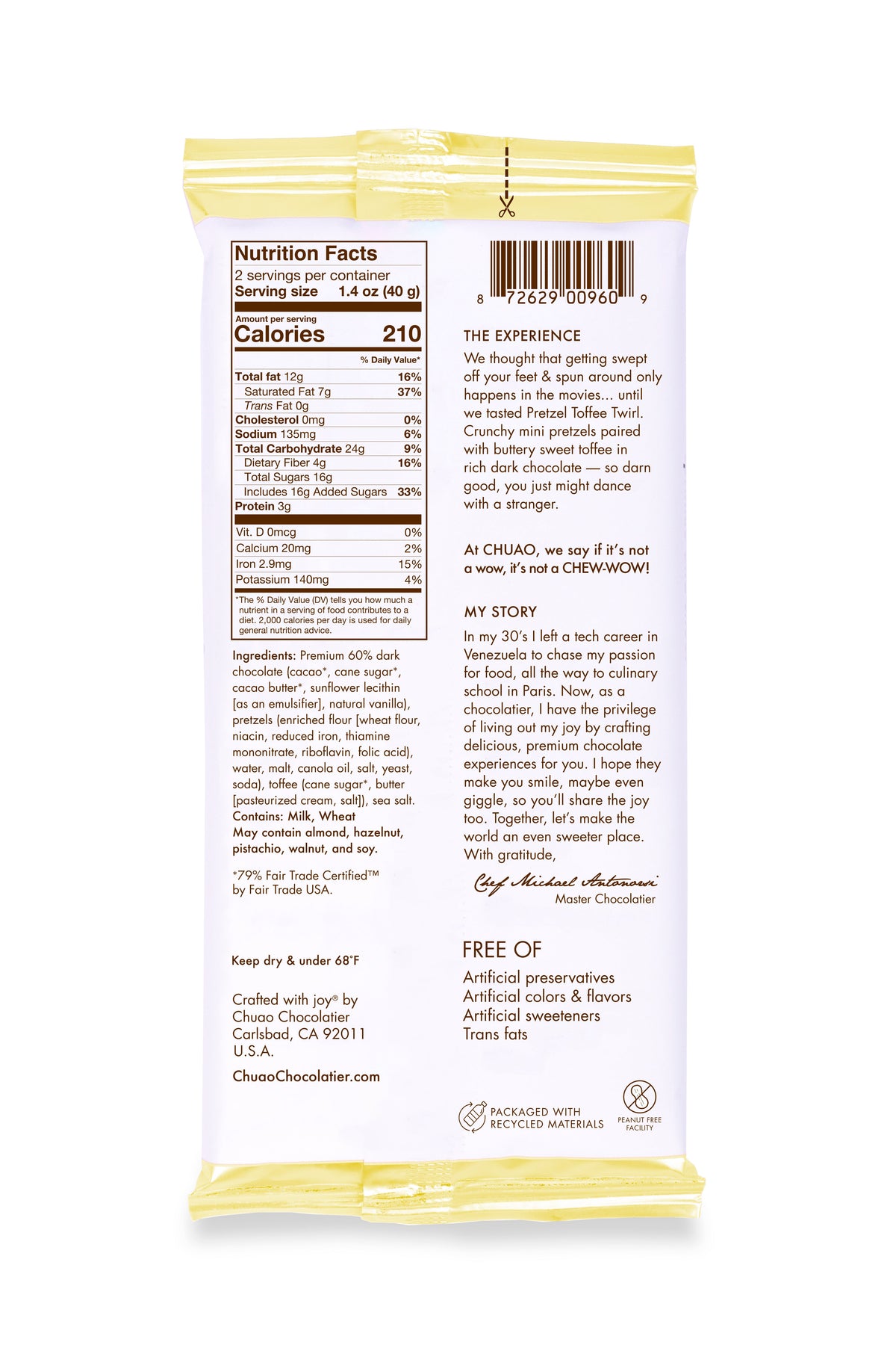 Nutrition Facts for Chuao Chocolatier Pretzel Toffee Twirl Chocolate Bar