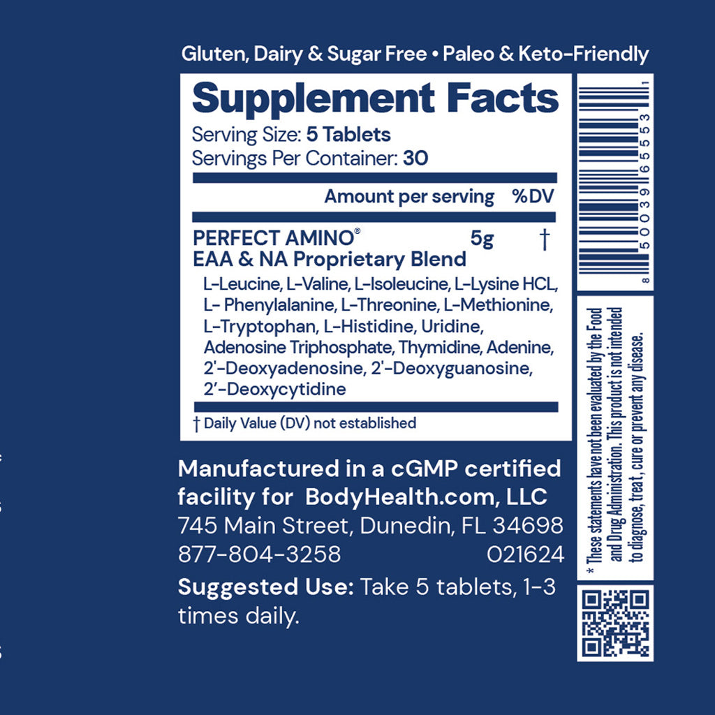 Supplement Facts for BodyHealth Perfect Amino Tablets, Uncoated