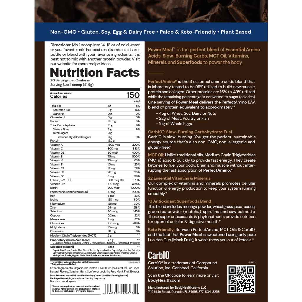 Supplement Facts for BodyHealth Perfect Amino Power Meal, Chocolate