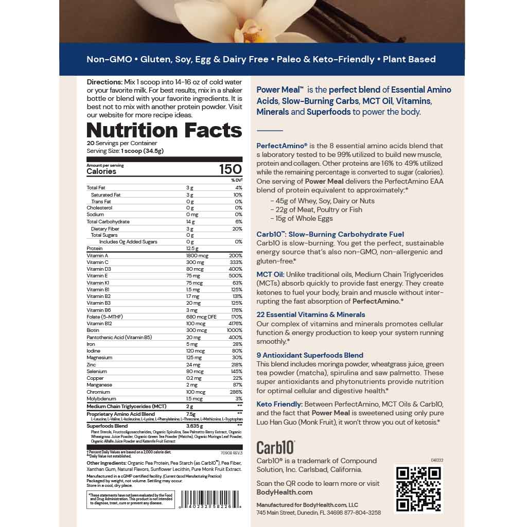 Supplement Facts for BodyHealth Perfect Amino Power Meal, Vanilla