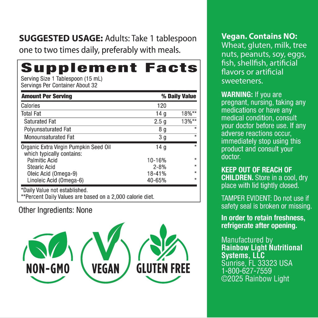 Supplement Facts for Rainbow Light Pumpkin Seed Oil Cold Pressed (Organic)