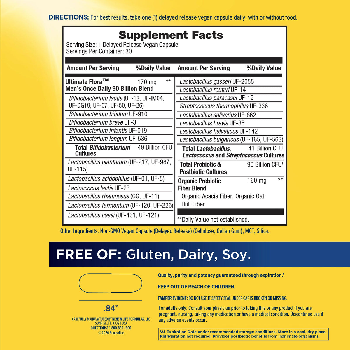 Supplement Facts for Renew Life Ultimate Flora Men's Complete Probiotic 90 Billion