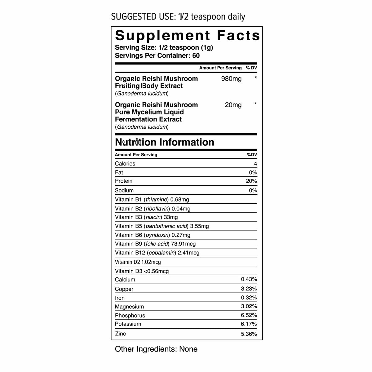 Supplement Facts for WholeSun Wellness Reishi Organic Mushroom Extract Powder