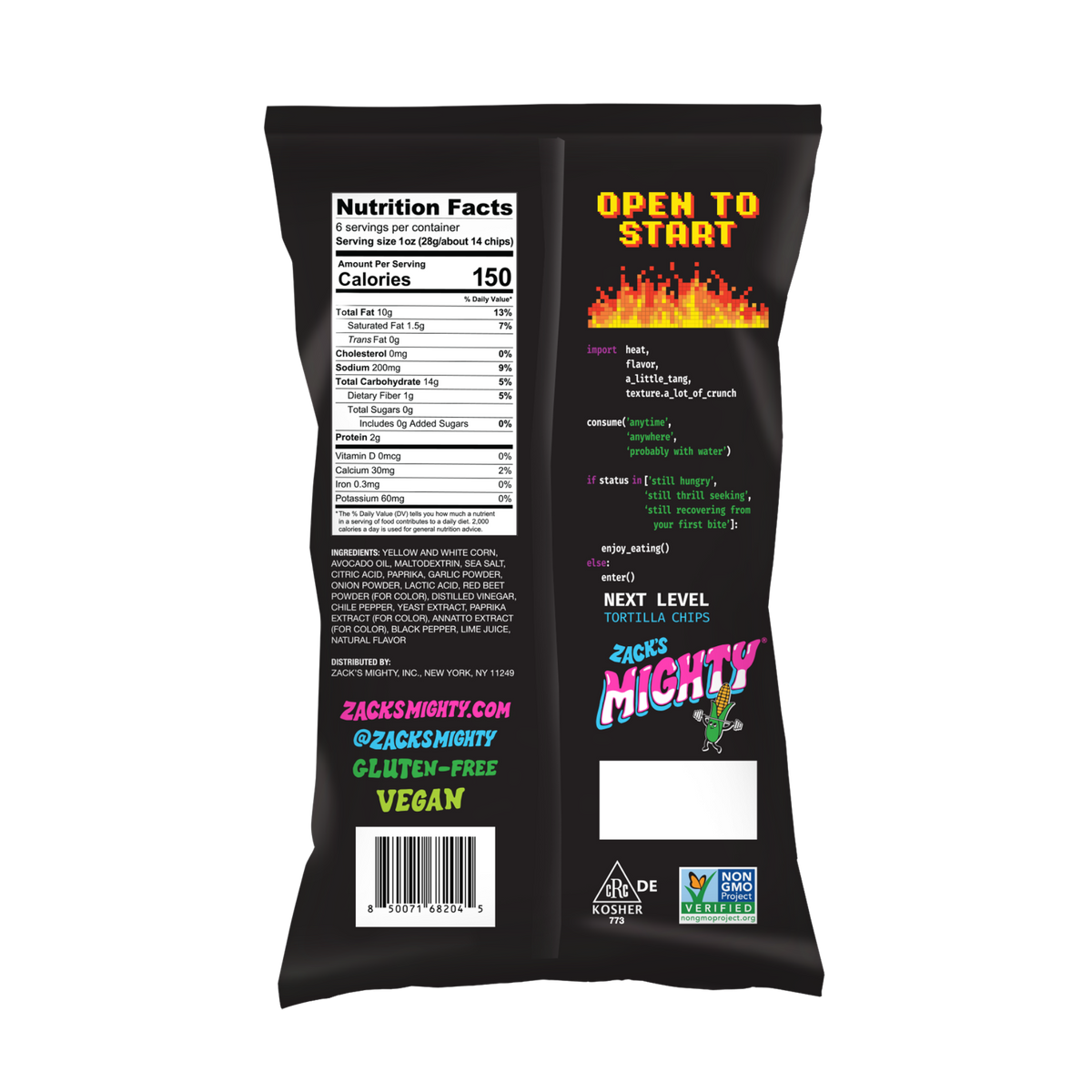 Nutrition Facts for Zack's Mighty Chile Lime Rolled Tortilla Chips