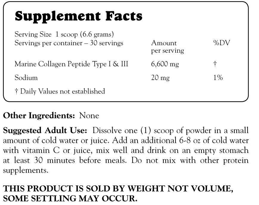 Supplement Facts for Longevity By Nature Pure Marine Collagen Peptide Powder