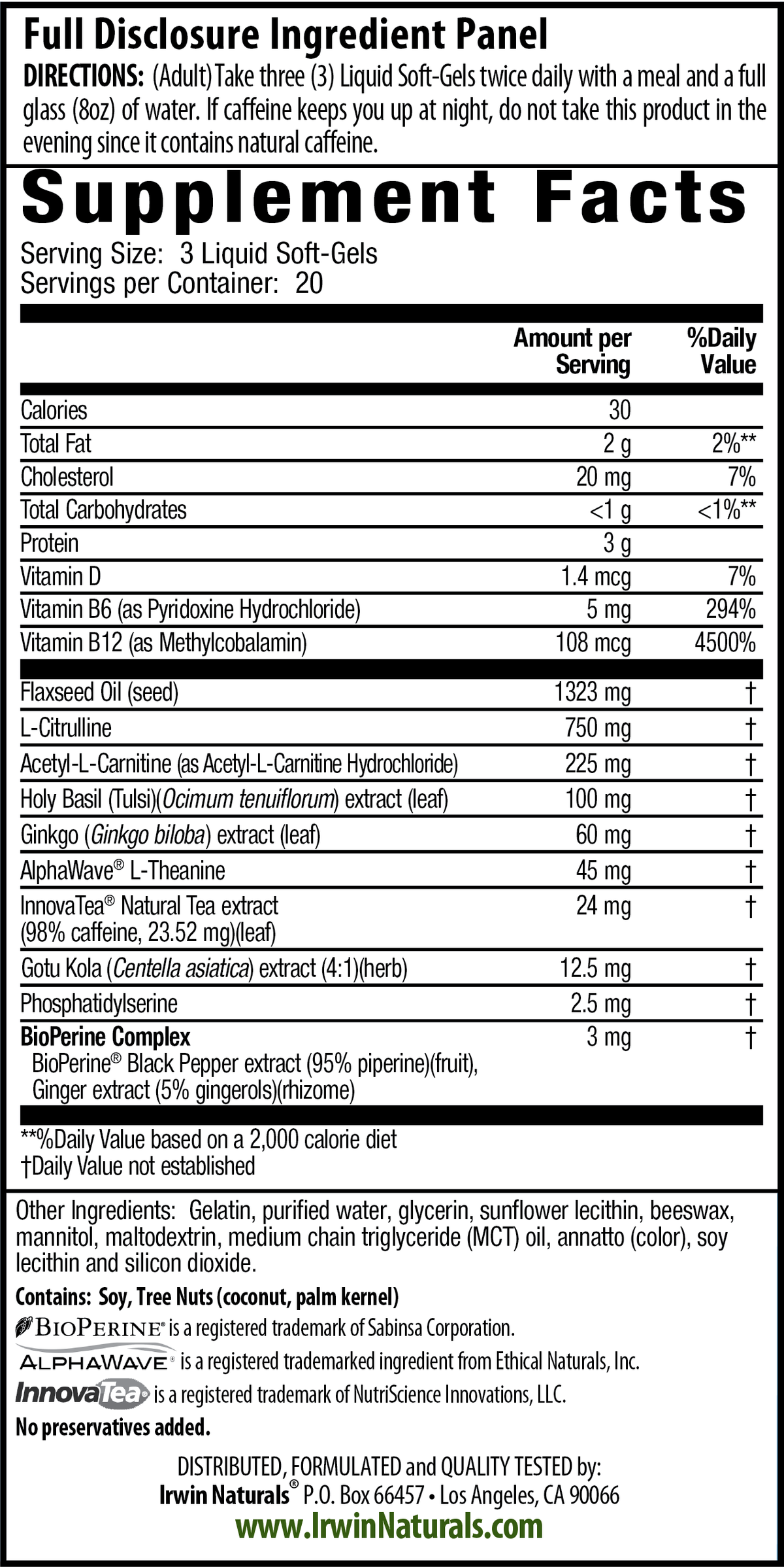 Supplement Facts for Irwin Naturals Brain Awake RED
