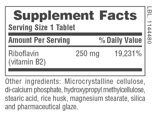 Supplement Facts for Nature's Plus Vitamin B2 250 mg Sustained Release Tablets