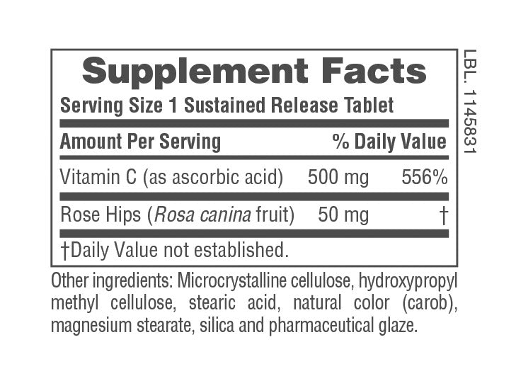 Supplement Facts for Nature's Plus Vitamin C 500 mg with Rose Hips Sustained Release Tablets