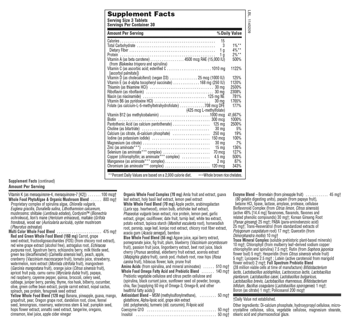 Supplement Facts for Nature's Plus Source of Life® GOLD Multivitamin Tablets