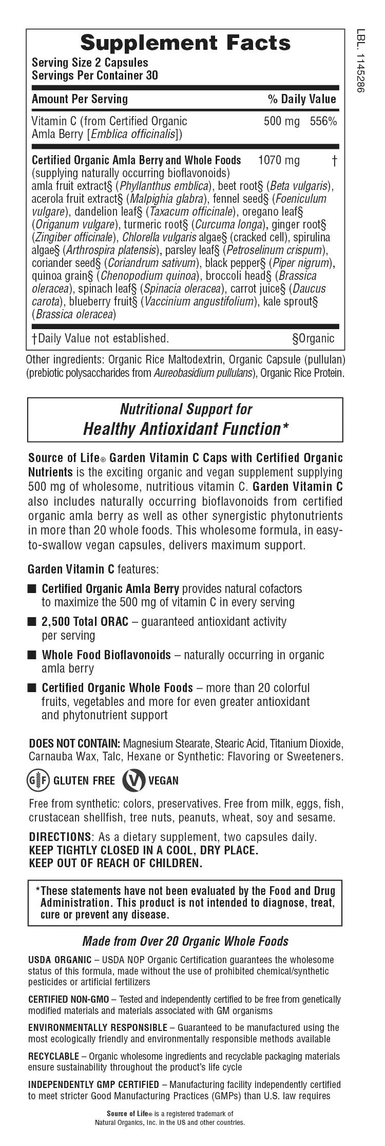 Supplement Facts for Nature's Plus Source of Life® Garden Vitamin C 500 mg Capsules