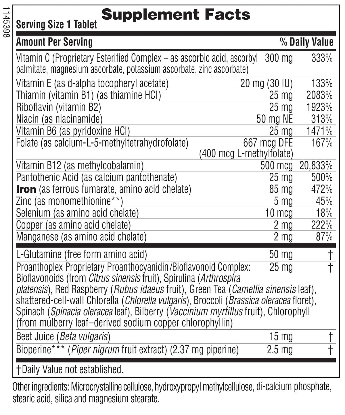 Supplement Facts for Nature's Plus HEMA-PLEX® Slow-Release Tablets