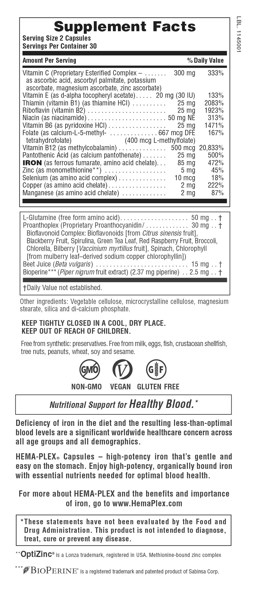 Supplement Facts for Nature's Plus HEMA-PLEX® Iron Capsules