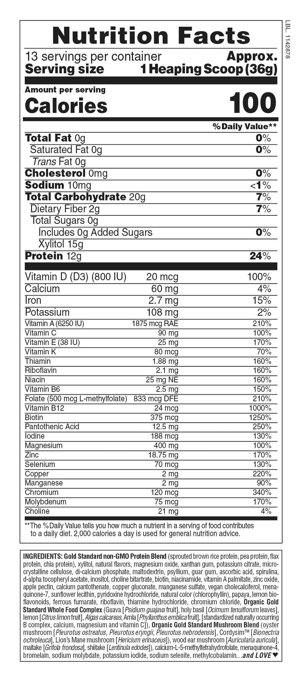 Nutrition Facts for Nature's Plus SPIRU-TEIN® GOLD Shake - Vanilla