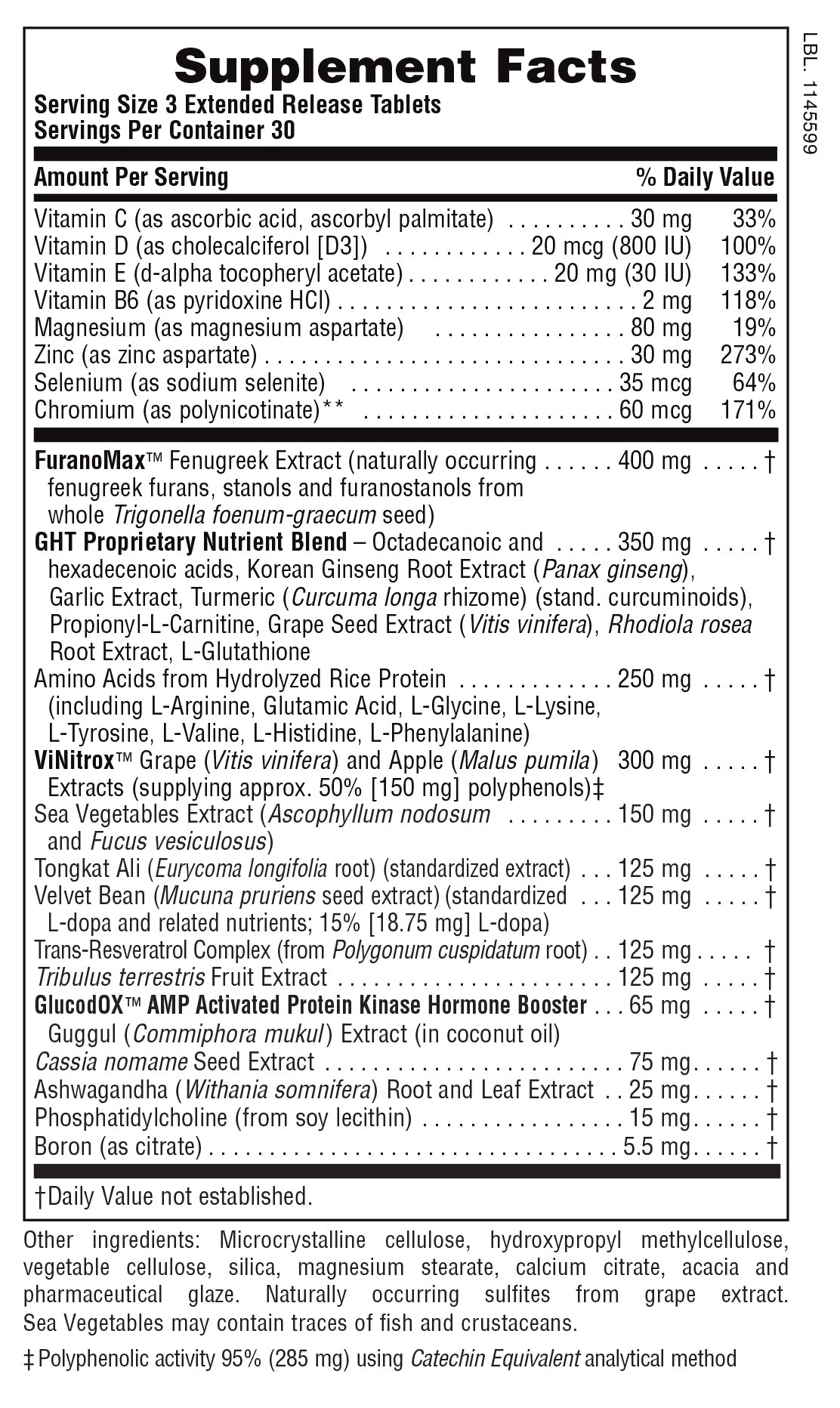Supplement Facts for Nature's Plus Ultra GHT MALE™ Extended Release Bi-Layered Tablets