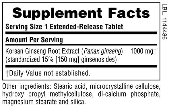 Supplement Facts for Nature's Plus Herbal Actives® Korean Ginseng Extended Release Tablets