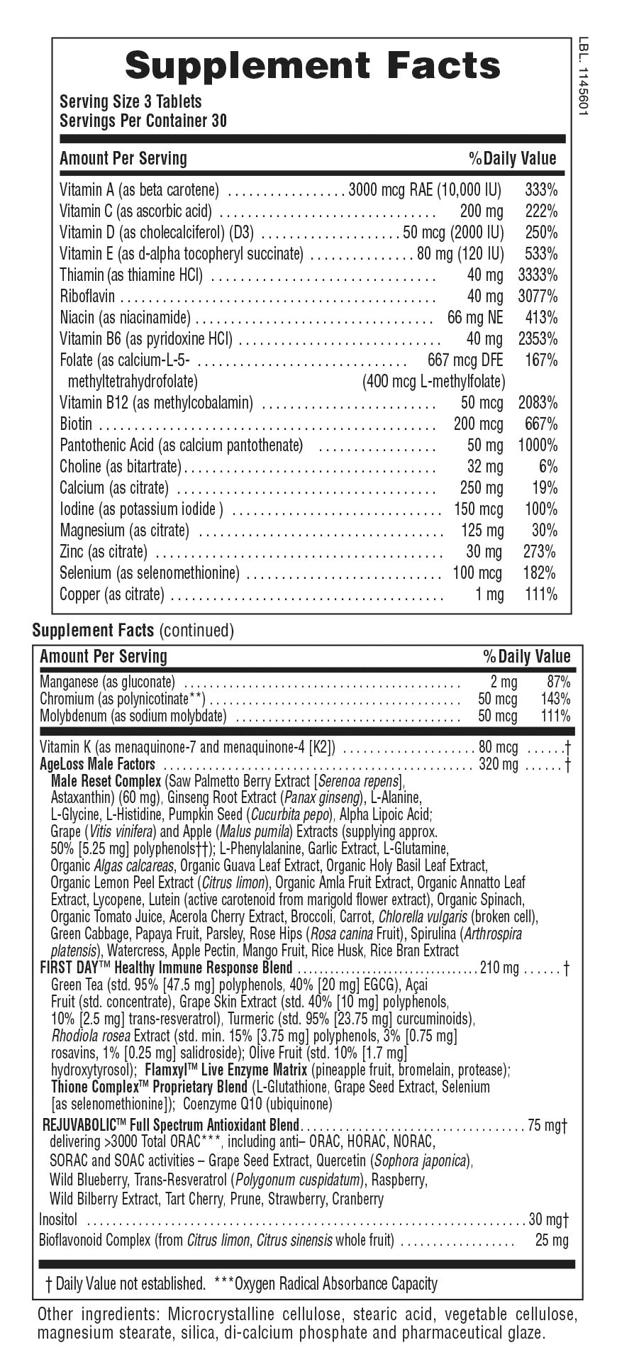 Supplement Facts for Nature's Plus AgeLoss® Men's Multivitamin Tablets