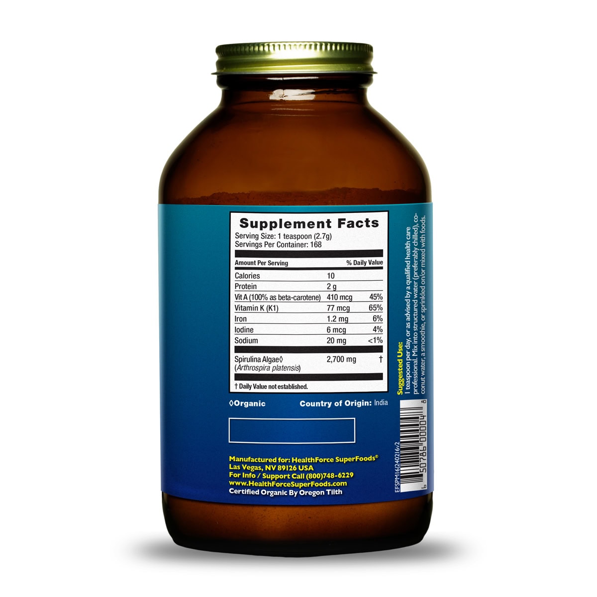 Supplement Facts for Health Force Super Foods Spirulina Manna Powder