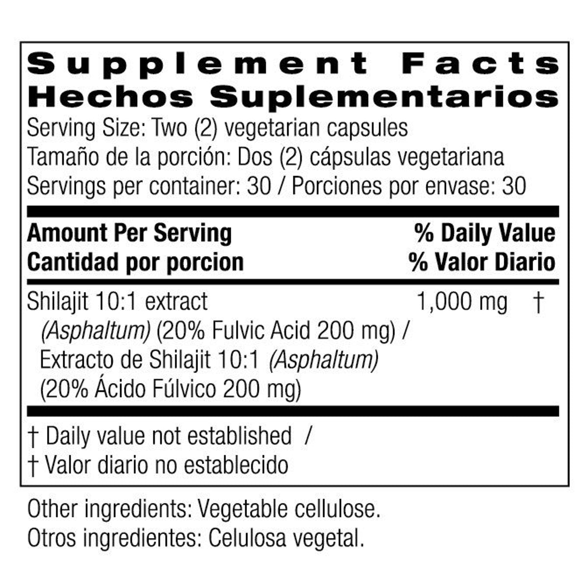 Supplement Facts for Bio Nutrition Shilajit 10:1 Extract