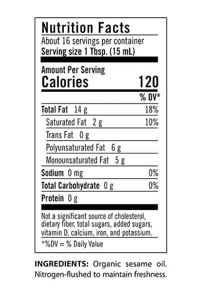 Nutrition Facts for Flora Sesame Oil - Certified Organic