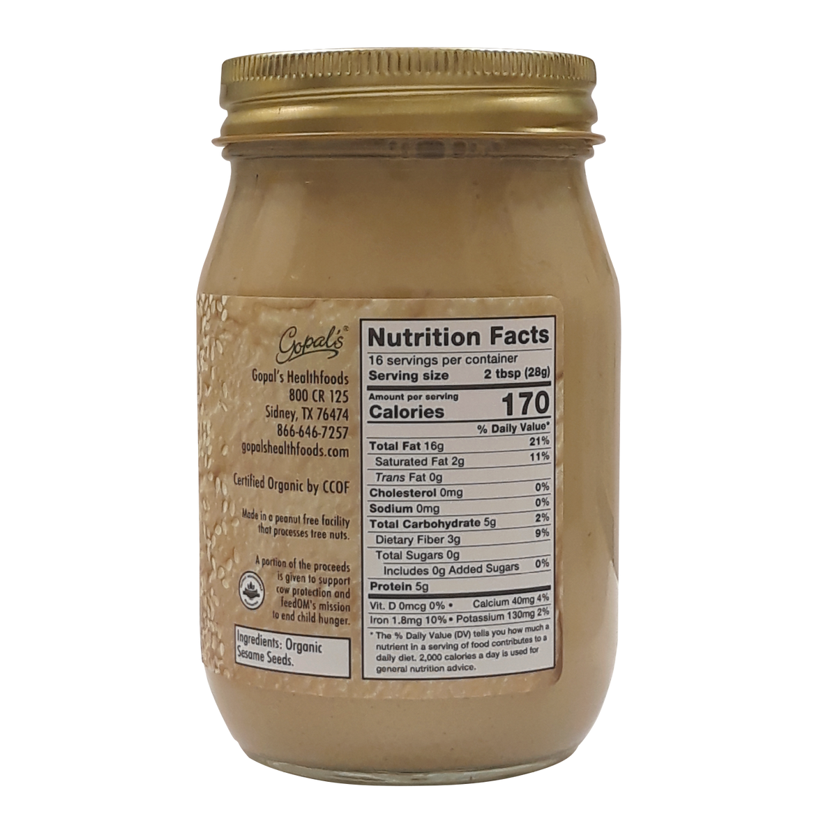 Nutrition Facts for Gopal's Organic Raw Sesame Seed Tahini