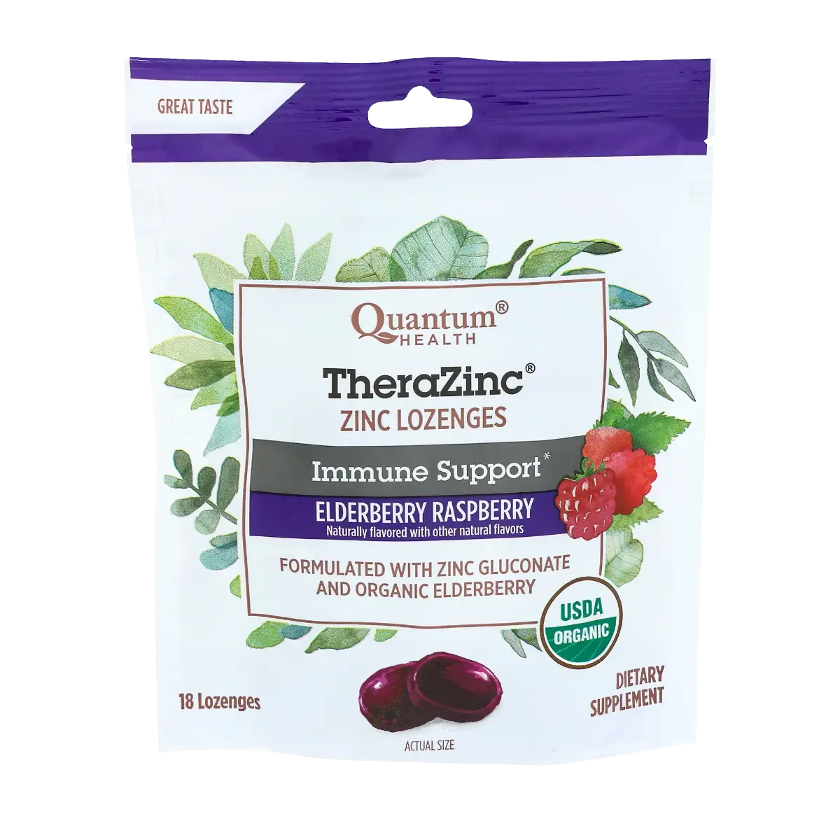 Quantum Health TheraZinc USDA Organic Elderberry Raspberry Immune Support Lozenges