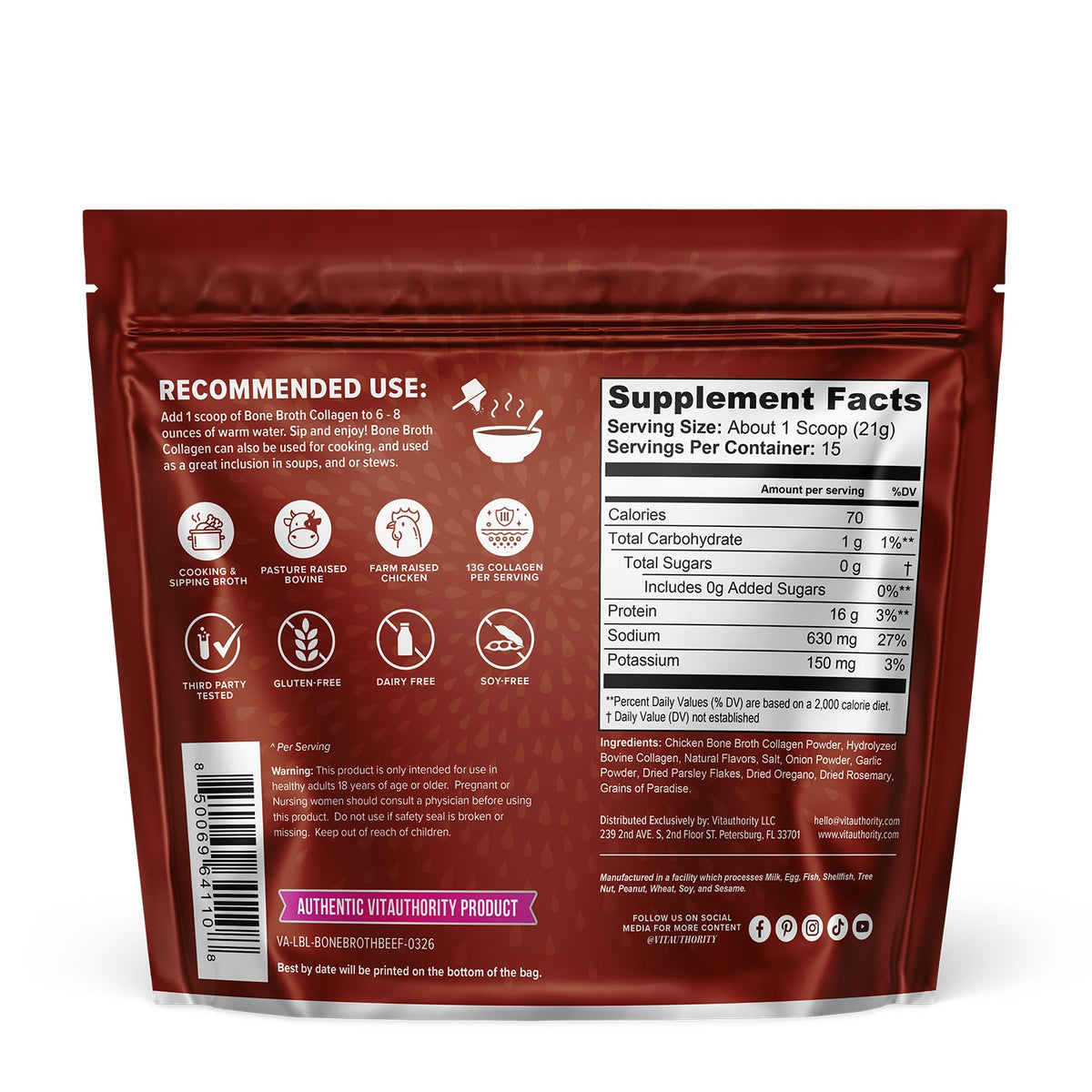 Supplement Facts for Vitauthority Bone Broth Collagen - Beef & Herb
