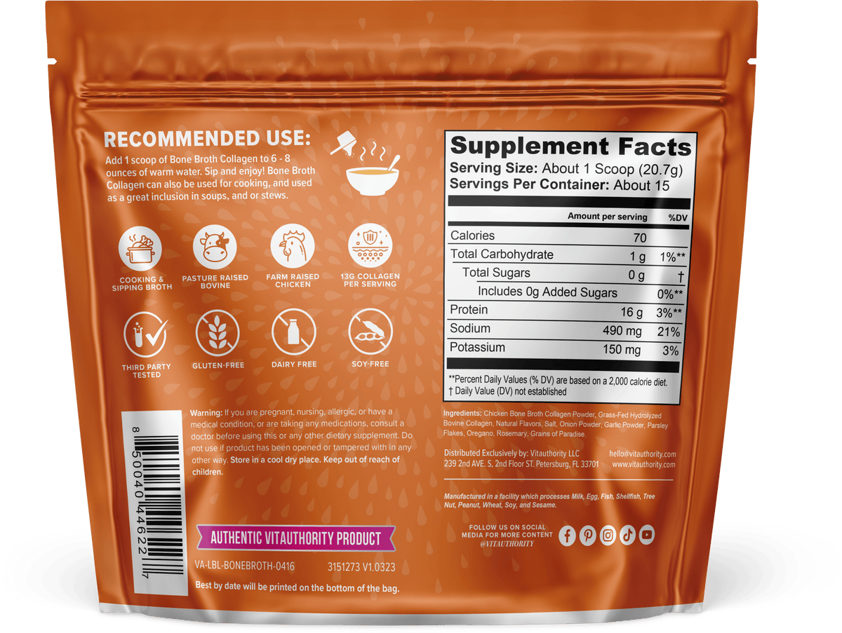 Supplement Facts for Vitauthority Bone Broth Collagen - Chicken & Herb
