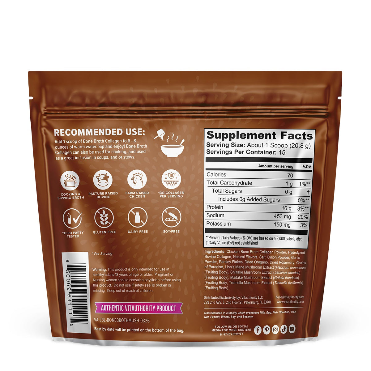 Supplement Facts for Vitauthority Bone Broth Collagen - Mushroom & Herb