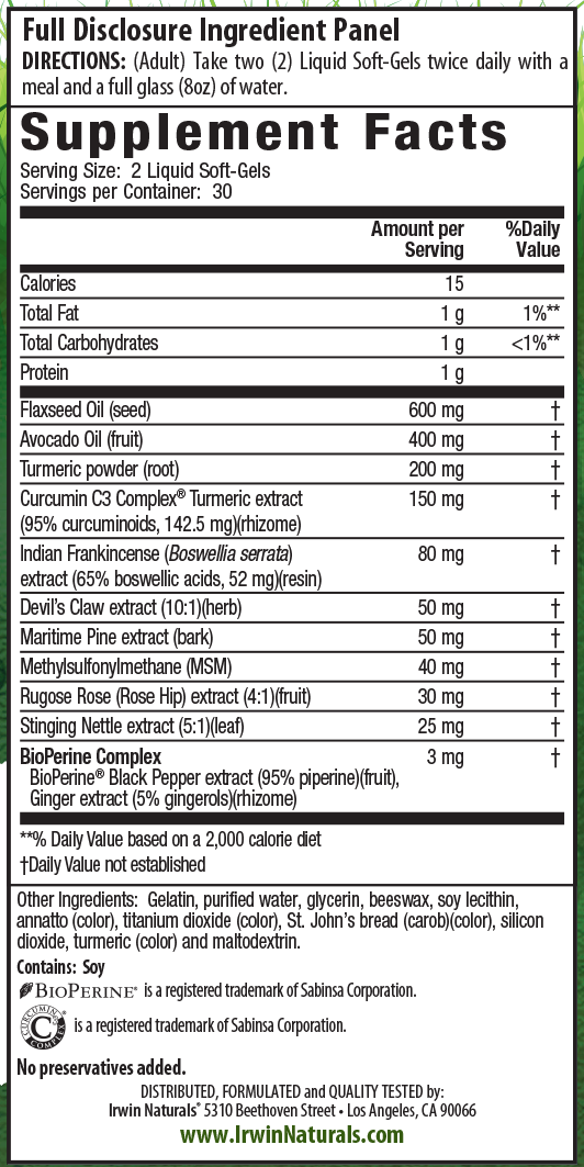 Supplement Facts for Irwin Naturals Whole-Body Turmeric Extra