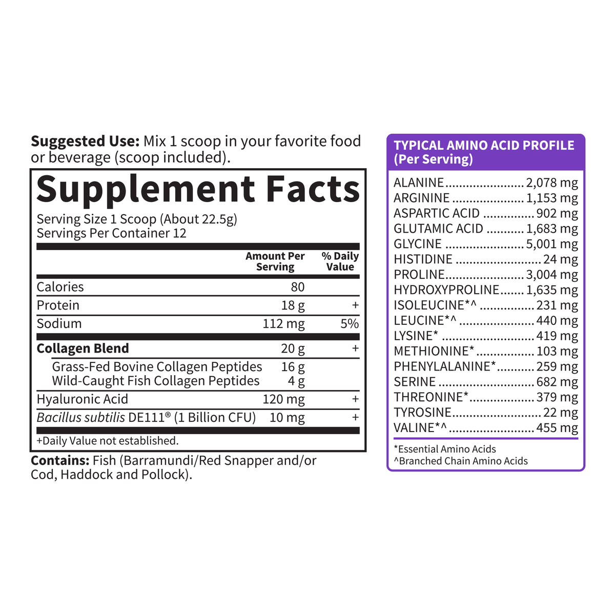 Garden of Life Wild Caught & Grass Fed Collagen Hyaluronic Acid Powder - Supplement Facts - 9.52 OZ