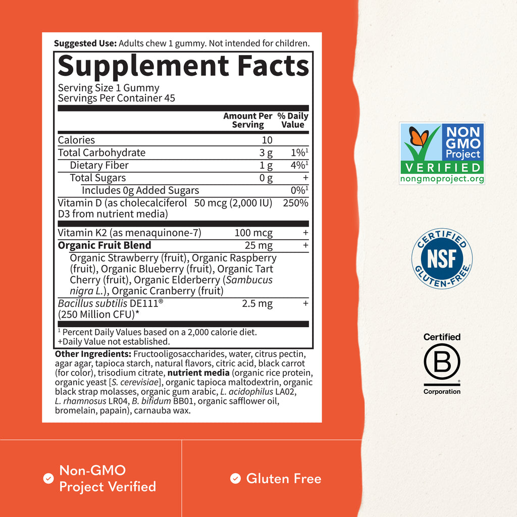 Garden of Life Vitamin Code D3 Plus K2 Gummies - Supplement Facts - 45 GUMMIES