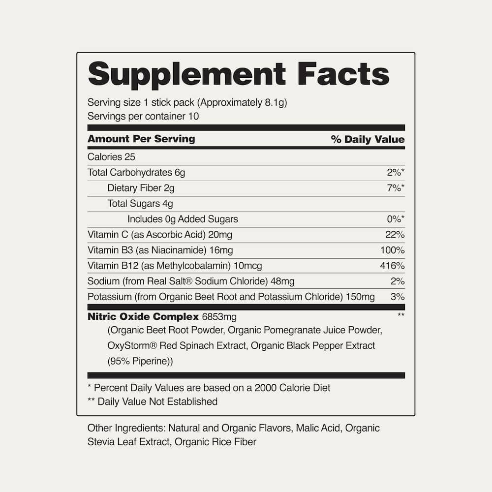 Supplement Facts for Snap Supplements Nitric Oxide Organic Beets Single-Serve Packs