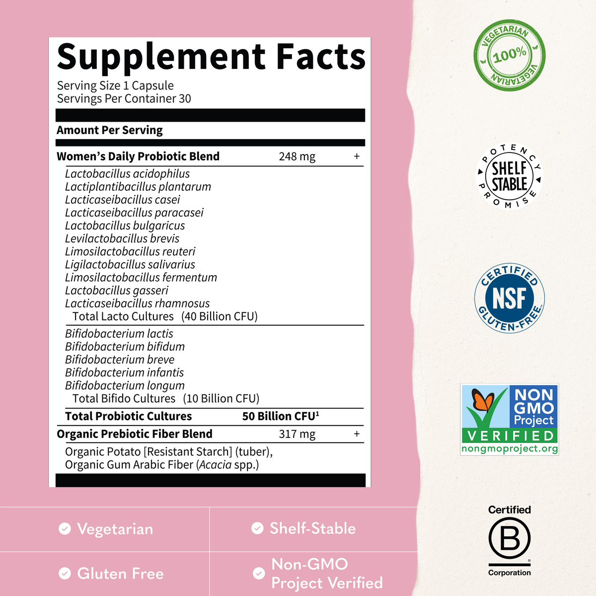 Garden of Life Dr. Formulated Probiotics Once Daily Women's Shelf-Stable - Supplement Facts - 30 VEGE CAPSULES