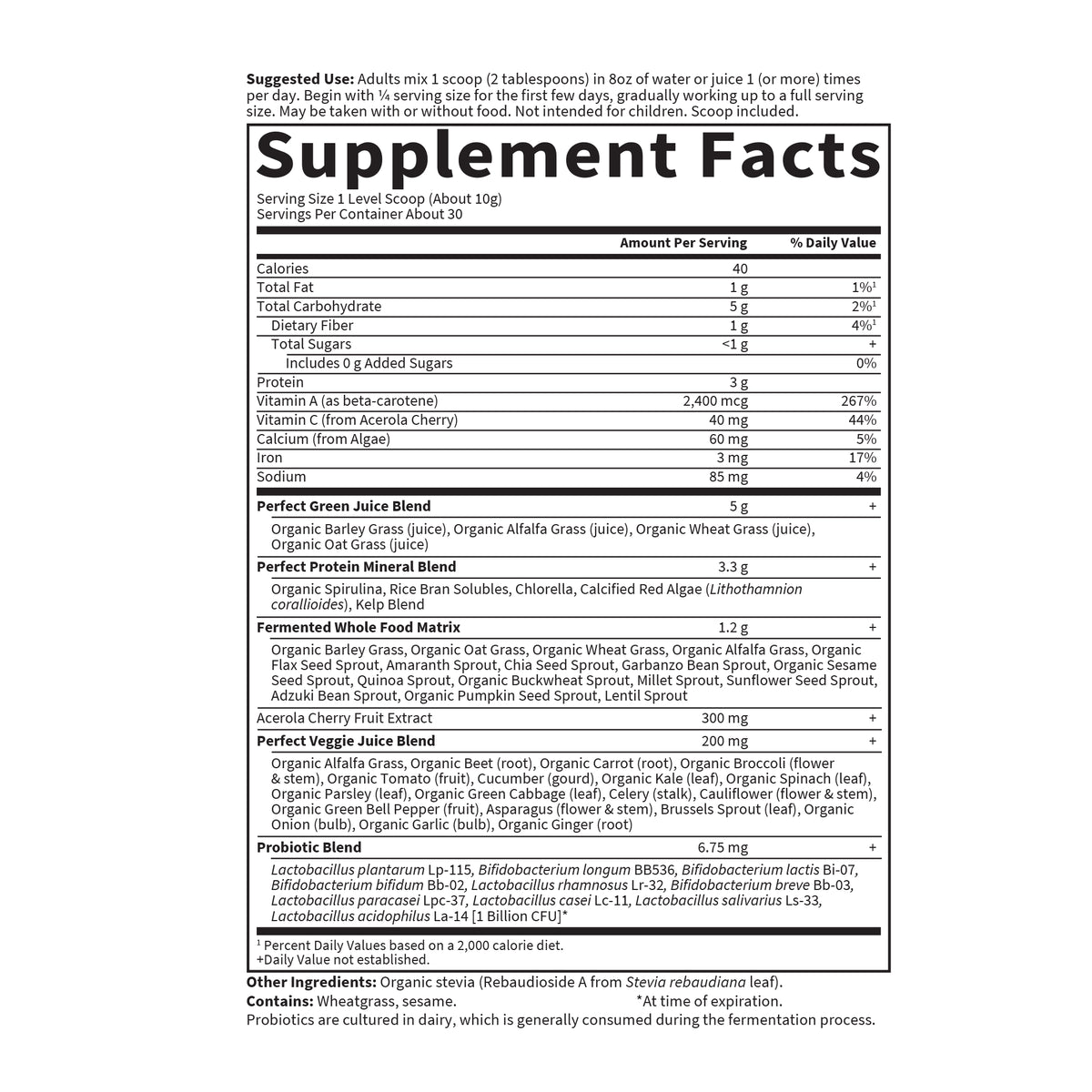 Garden of Life Raw Organic Perfect Food Green Superfood Powder - Supplement Facts - 10.6 OZ