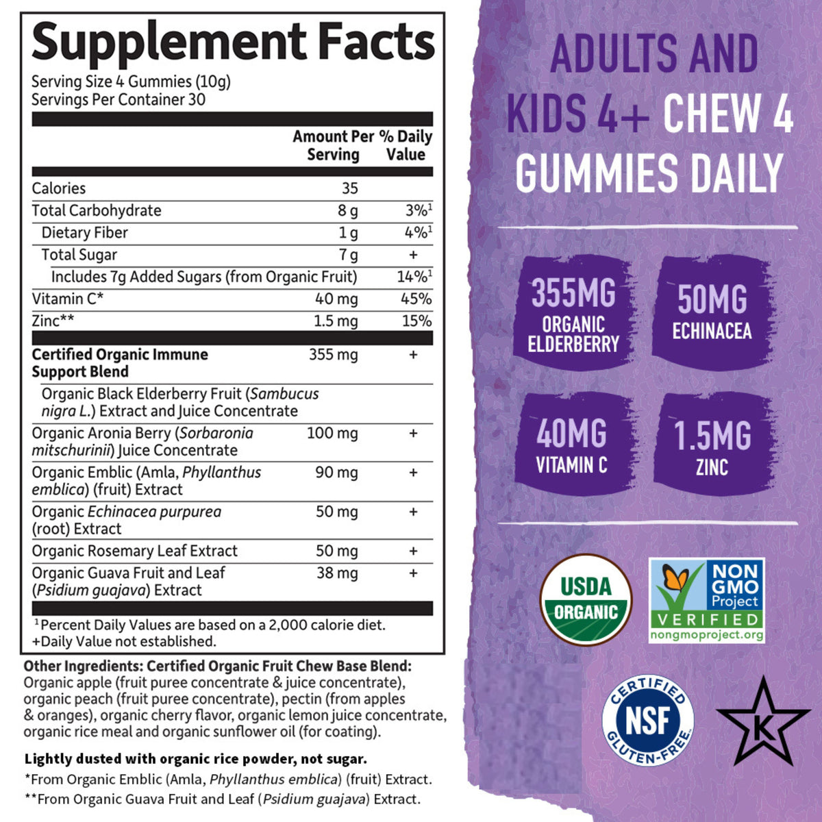 Garden of Life Organics Elderberry Immune Gummies - Supplement Facts - 120 GUMMIES