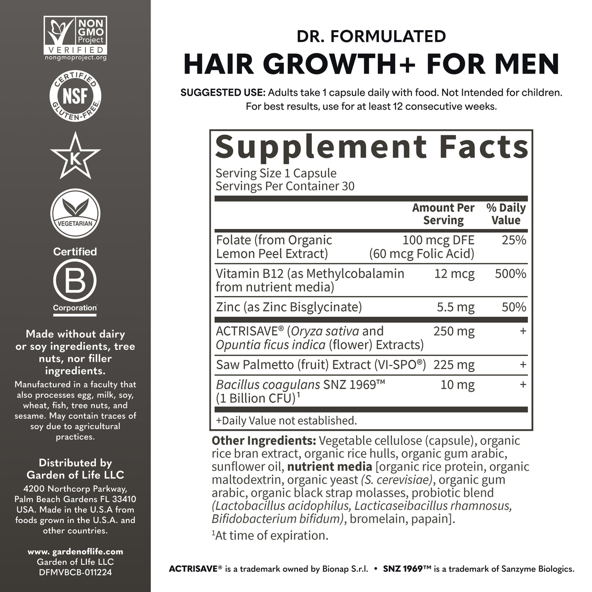 Garden of Life Dr. Formulated Hair Growth Capsules for Men - Supplement Facts - 30 CAPSULES
