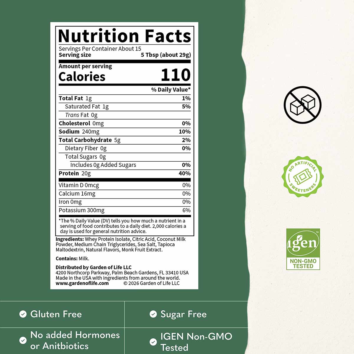 Nutrition Facts for Garden of Life Clear Whey Protein, Lemon Frost