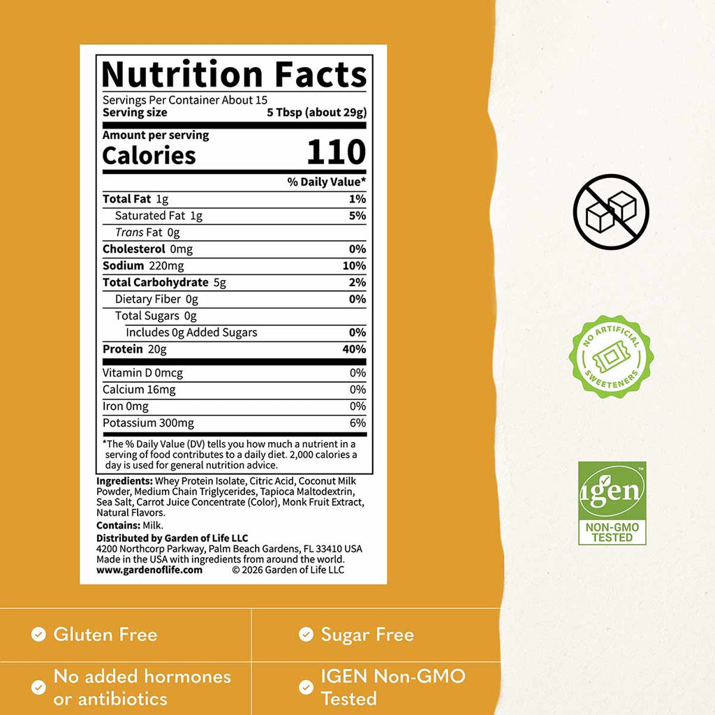 Nutrition Facts for Garden of Life Clear Whey Protein, Mango Mist
