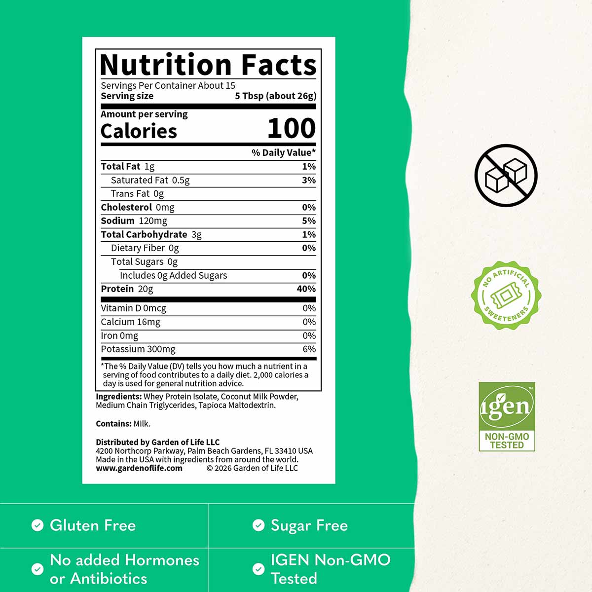Nutrition Facts for Garden of Life Clear Whey Protein, Unflavored