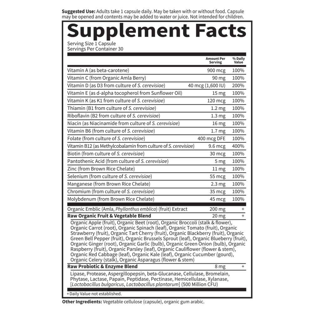 Garden of Life Vitamin Code Raw One for Men Multivitamin - Supplement Facts - 30 CAPSULES