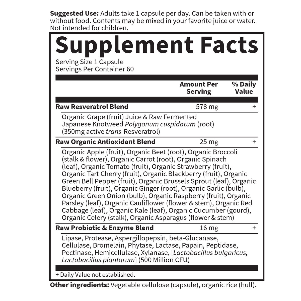 Garden of Life Raw Resveratrol - Supplement Facts - 60 VEGE CAPSULES