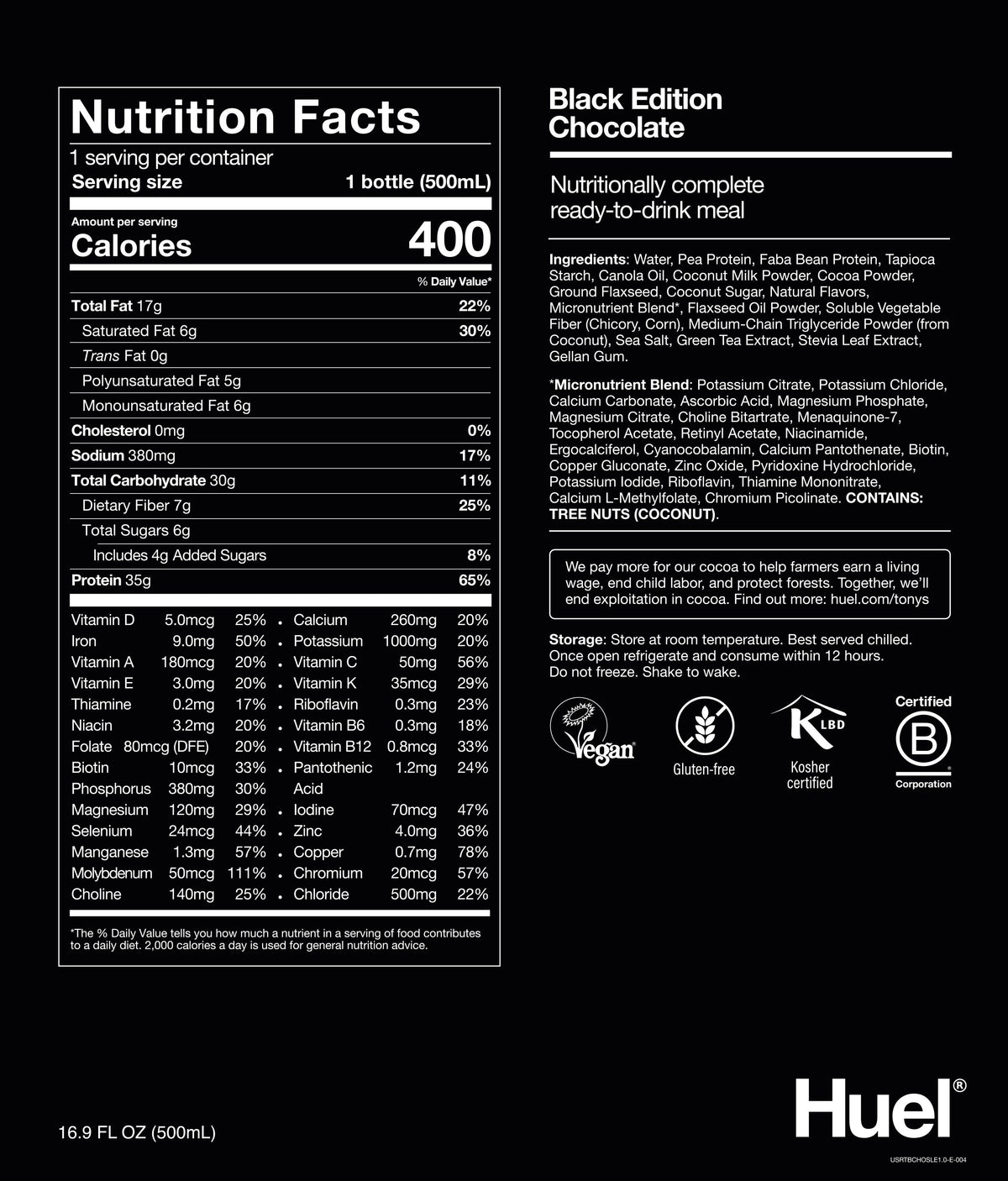 Nutrition Facts for Huel Black Edition Ready-to-Drink, Chocolate