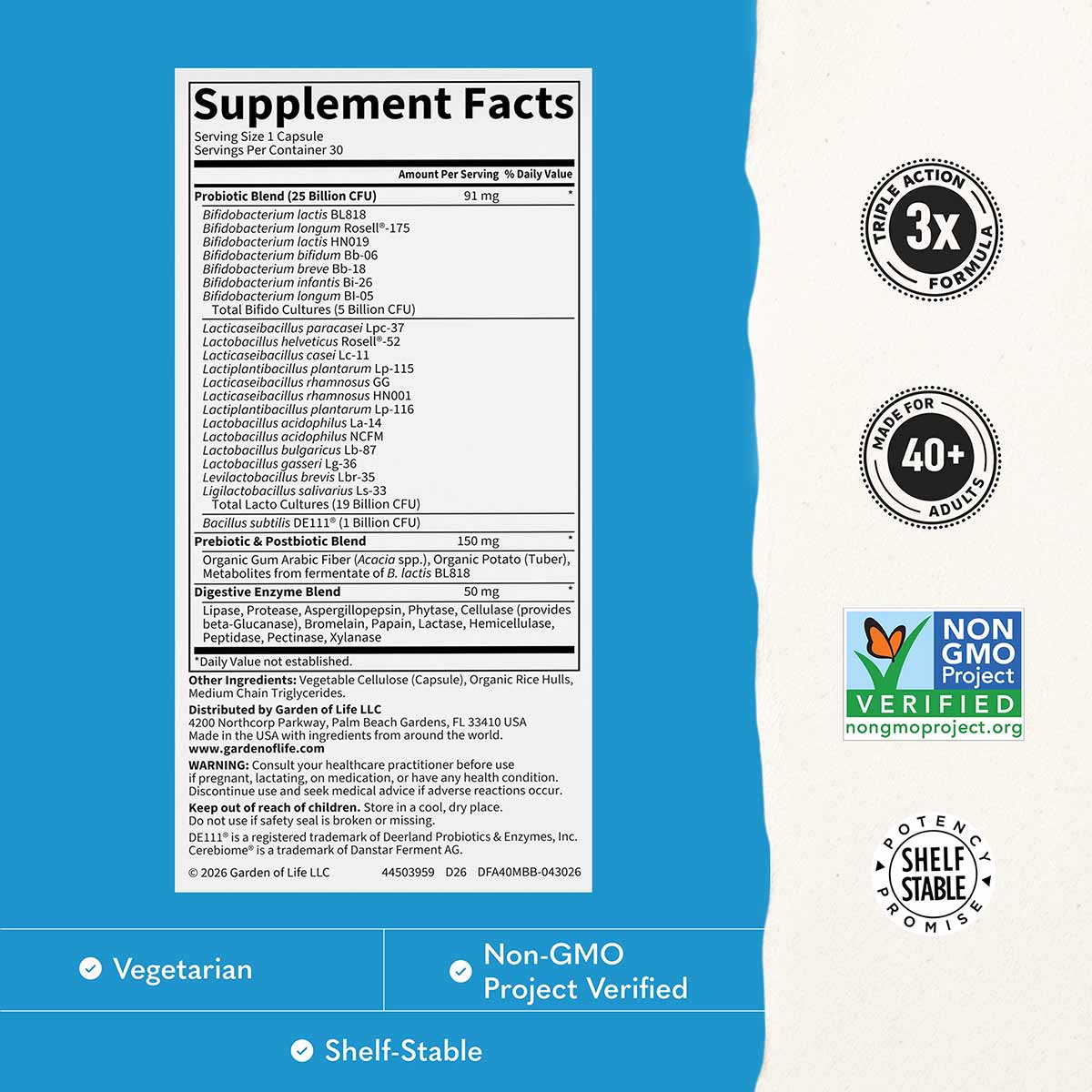 Supplement Facts for Garden of Life Dr. Formulated Age 40+ Mindful Biotic