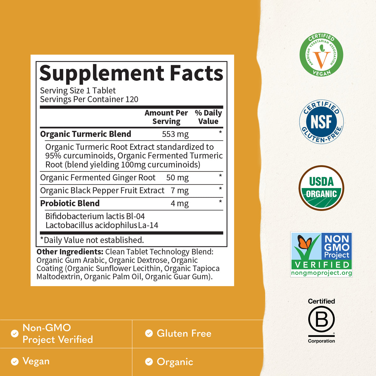 Garden of Life Organics Extra Strength Turmeric - Supplement Facts - 120 TABLETS