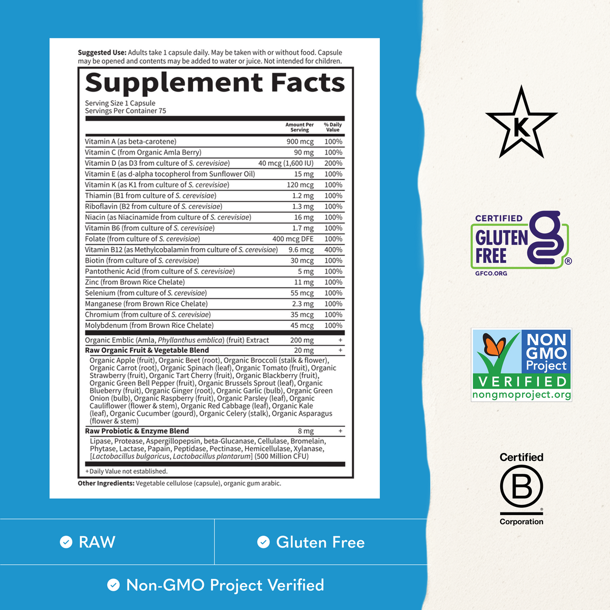 Garden of Life Vitamin Code Raw One for Men Multivitamin - Supplement Facts - 75 CAPSULES