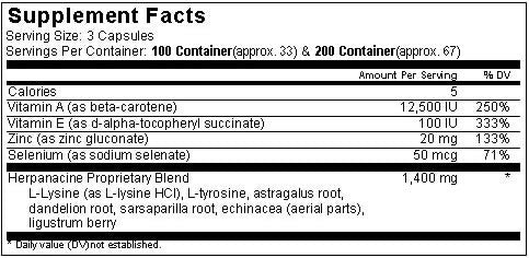 Supplement Facts for Diamond Herpanacine Herpanacine Skin Support