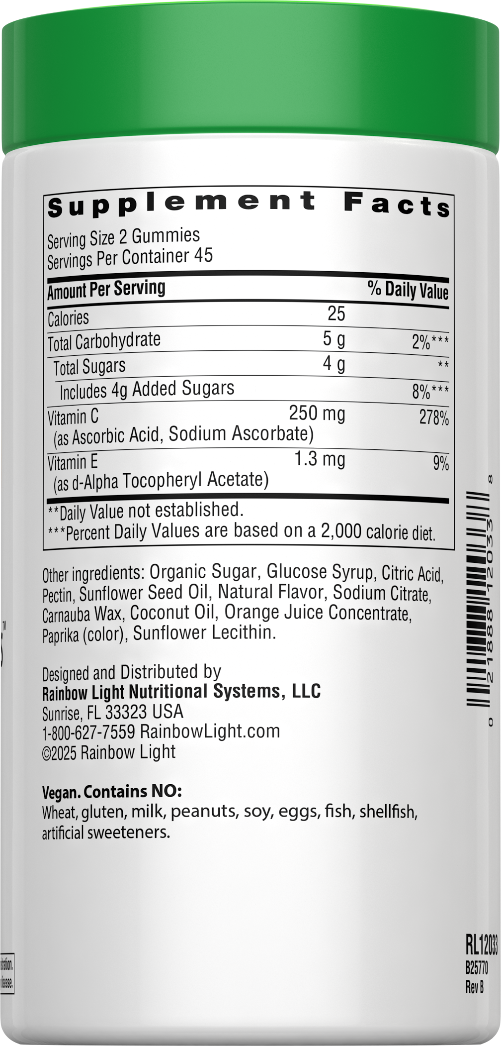 Supplement Facts for Rainbow Light Gummy Vitamin C Slices 250 mg Tangy Orange Flavor